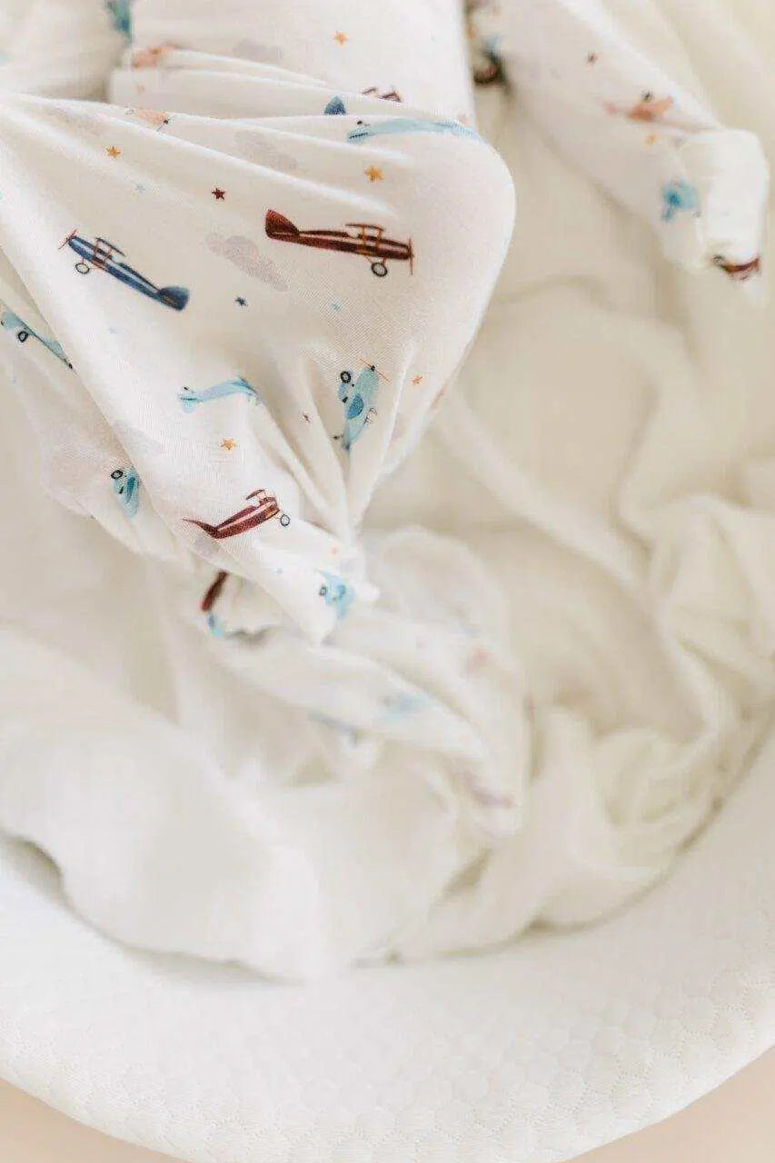 Knotted Baby Gown Vintage Airplane Bamboo Viscose for Newborns Harp Angel Boutique