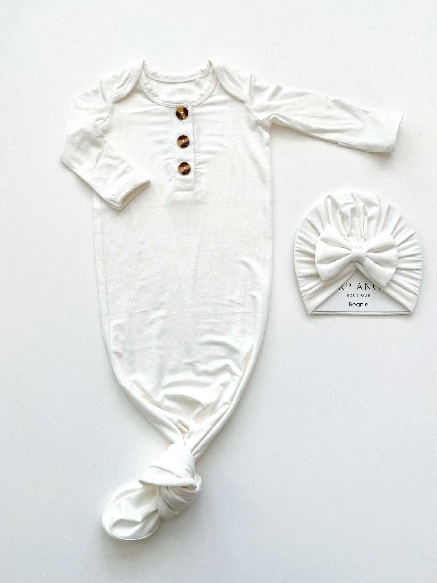 Knotted Baby Gown in White Bamboo Viscose for Newborn Comfort Harp Angel Boutique