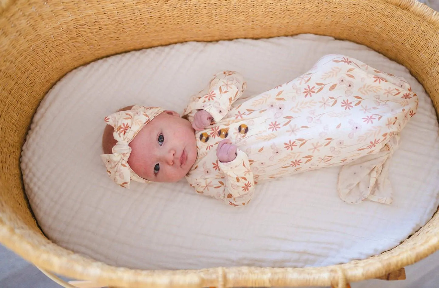 Knotted Baby Gown Wildflower Bamboo Viscose Comfortable Going Home Outfit Harp Angel Boutique