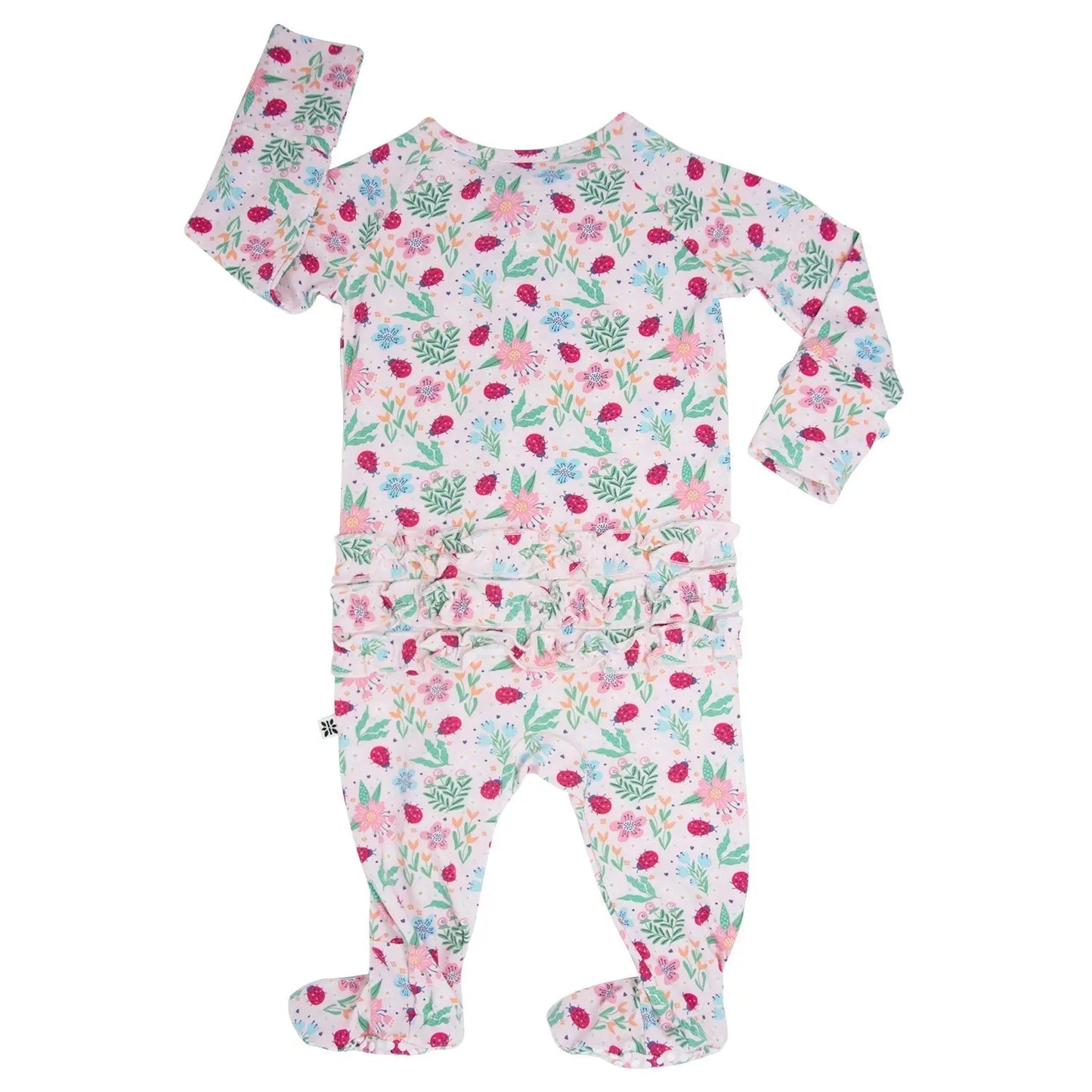 Ladybug Flower Garden Ruffle Baby Footie with Two Way Zipper and Non Slip Grips Sweet Bamboo