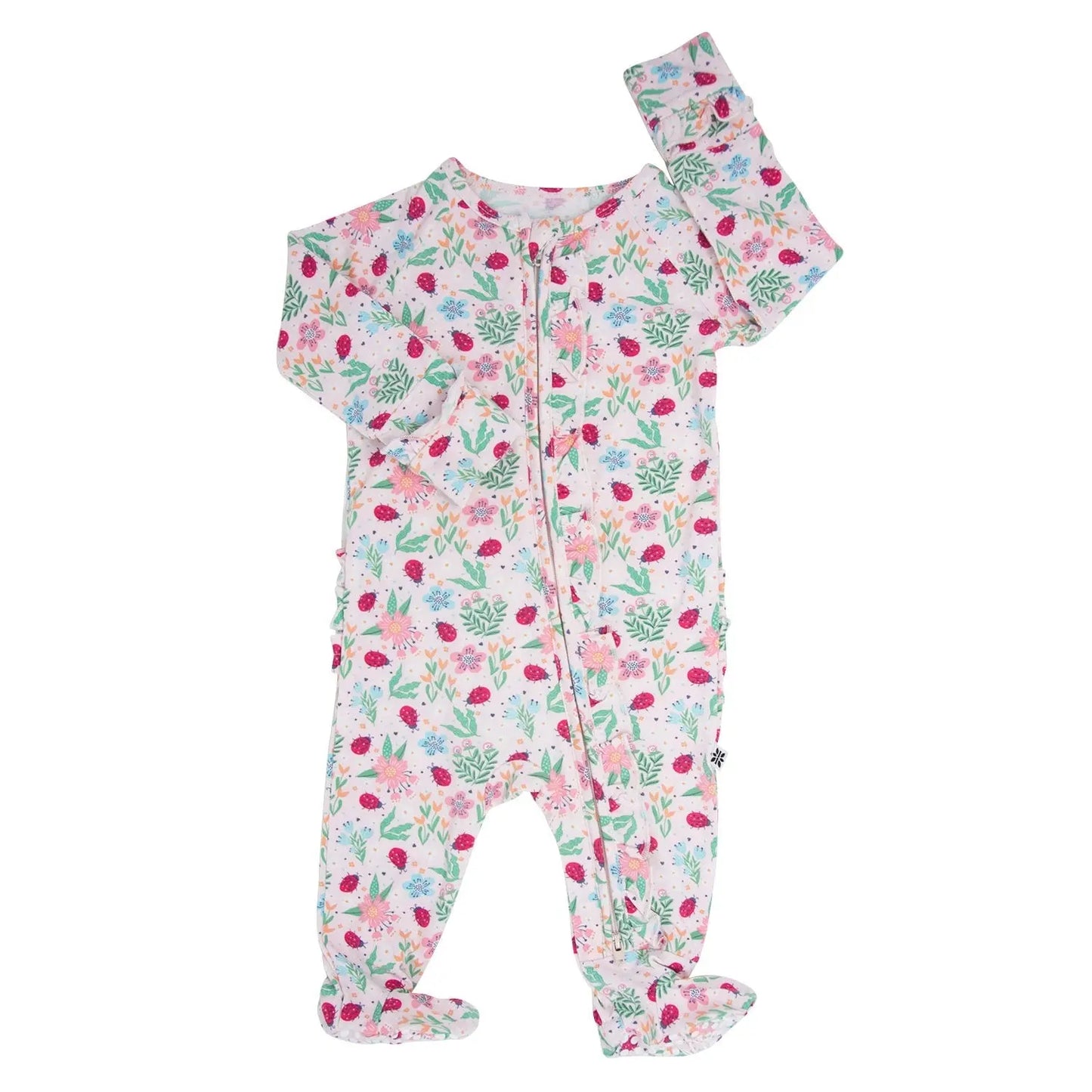 Ladybug Flower Garden Ruffle Baby Footie with Two Way Zipper and Non Slip Grips Sweet Bamboo