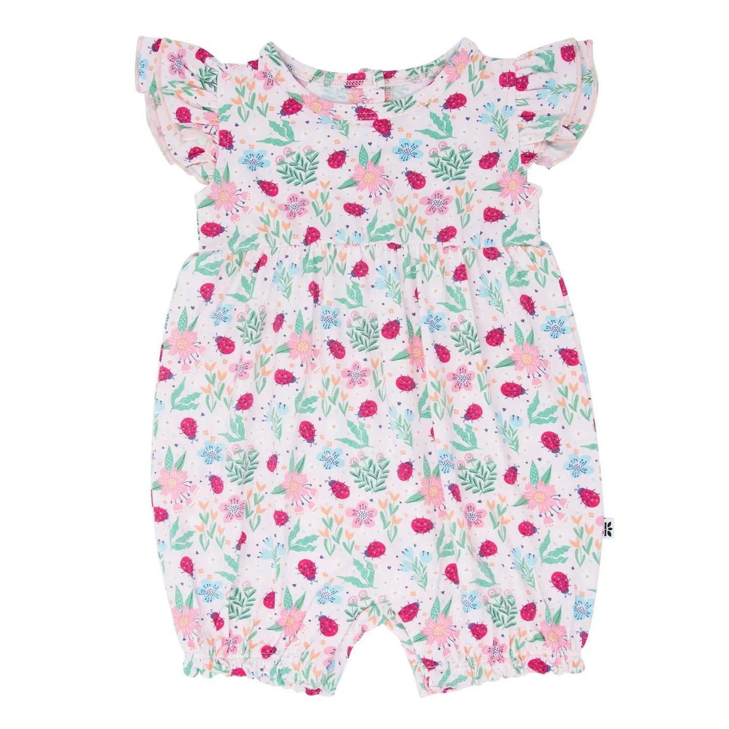 Ladybug Flower Garden Ruffle Romper for Girls with Flutter Tank Sleeves and Snap Closure Sweet Bamboo