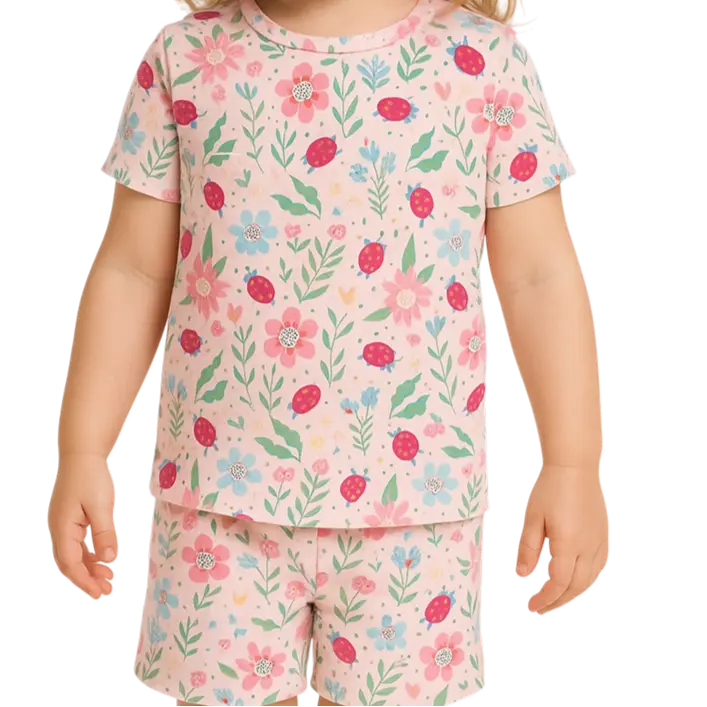 Ladybug Flower Garden Summer Pajama Set for Girls Sweet Bamboo