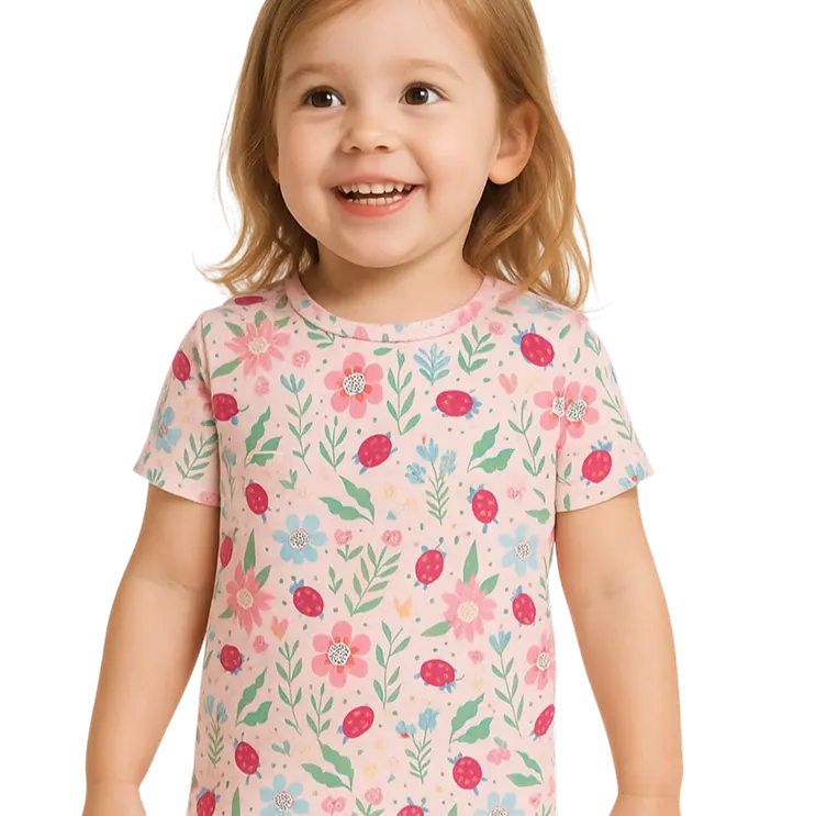 Ladybug Flower Garden Summer Pajama Set for Girls Sweet Bamboo