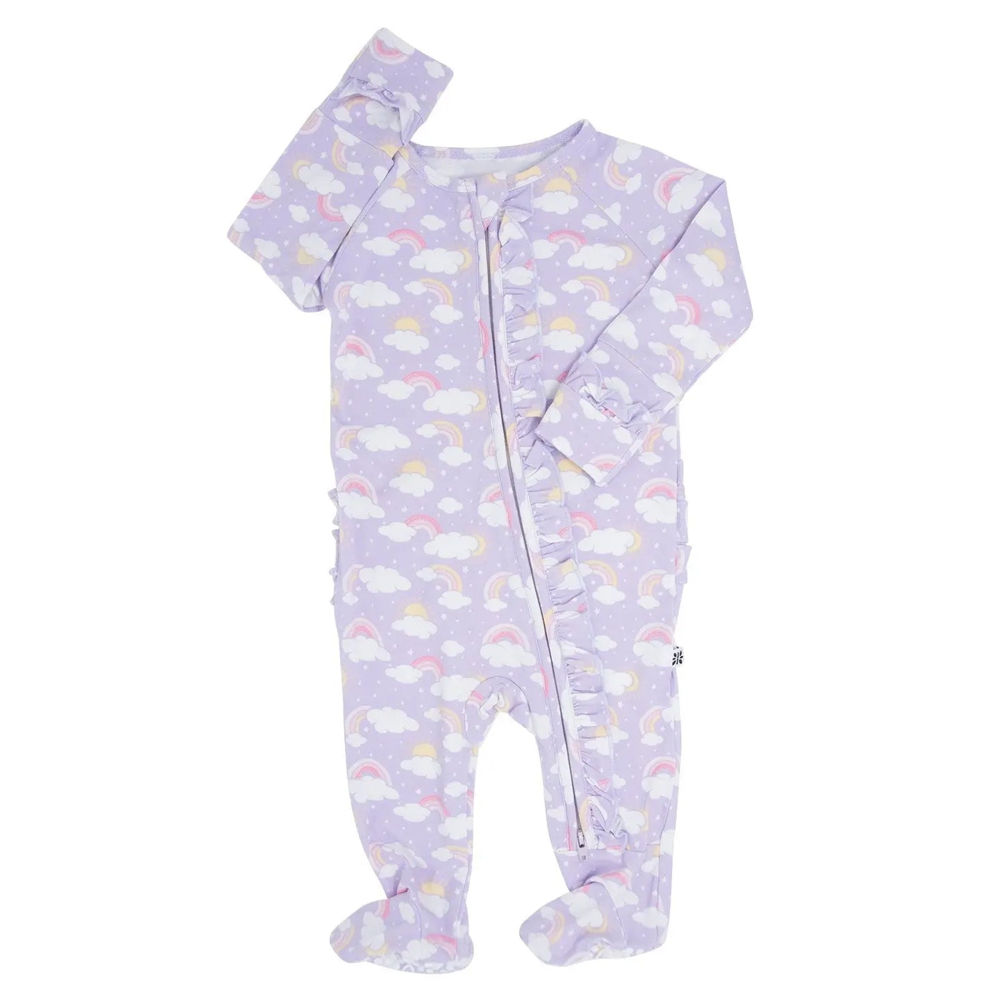 Lavender Rainbows and Clouds Ruffle Baby Footie with Two Way Zipper and No Slip Grips Sweet Bamboo