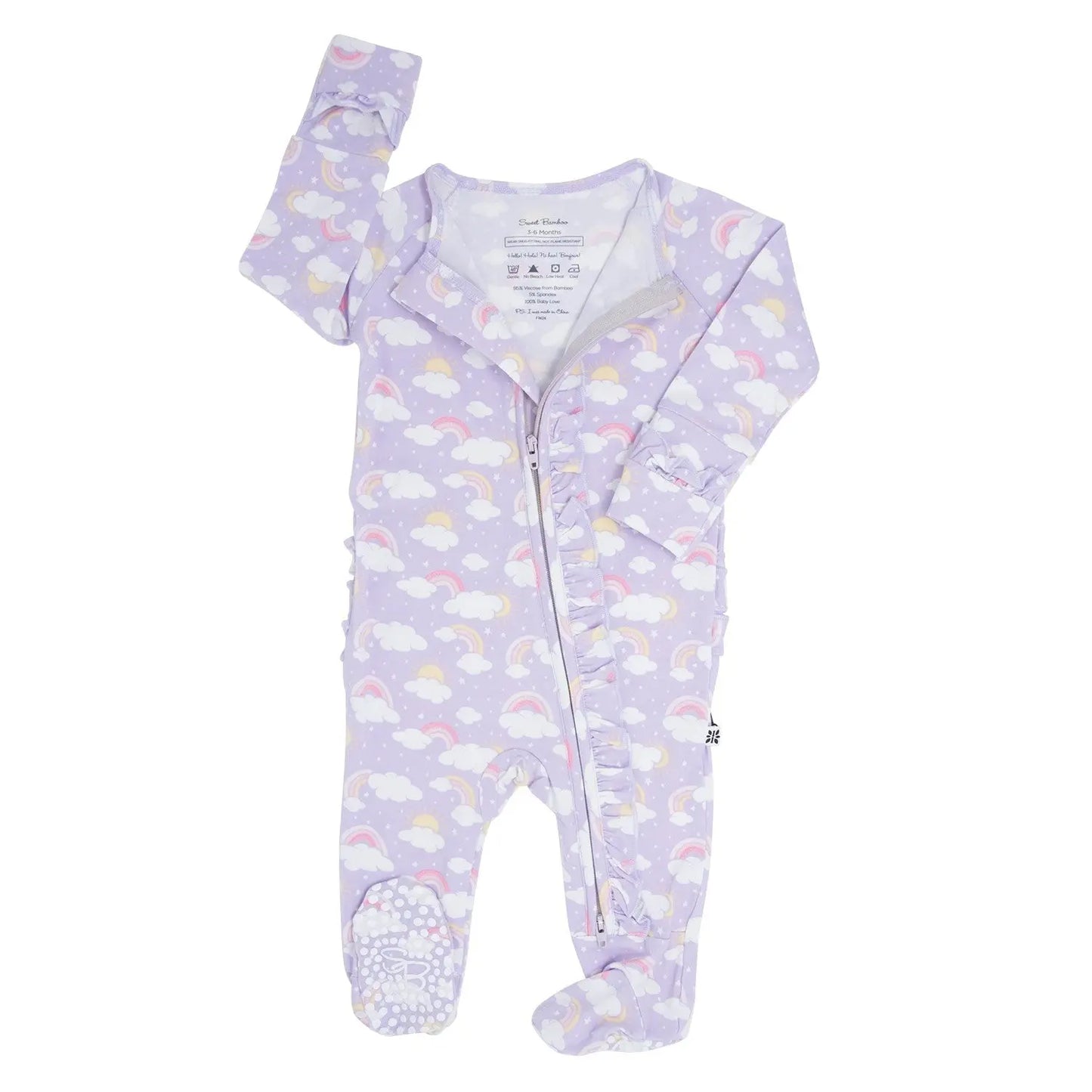 Lavender Rainbows and Clouds Ruffle Baby Footie with Two Way Zipper and No Slip Grips Sweet Bamboo