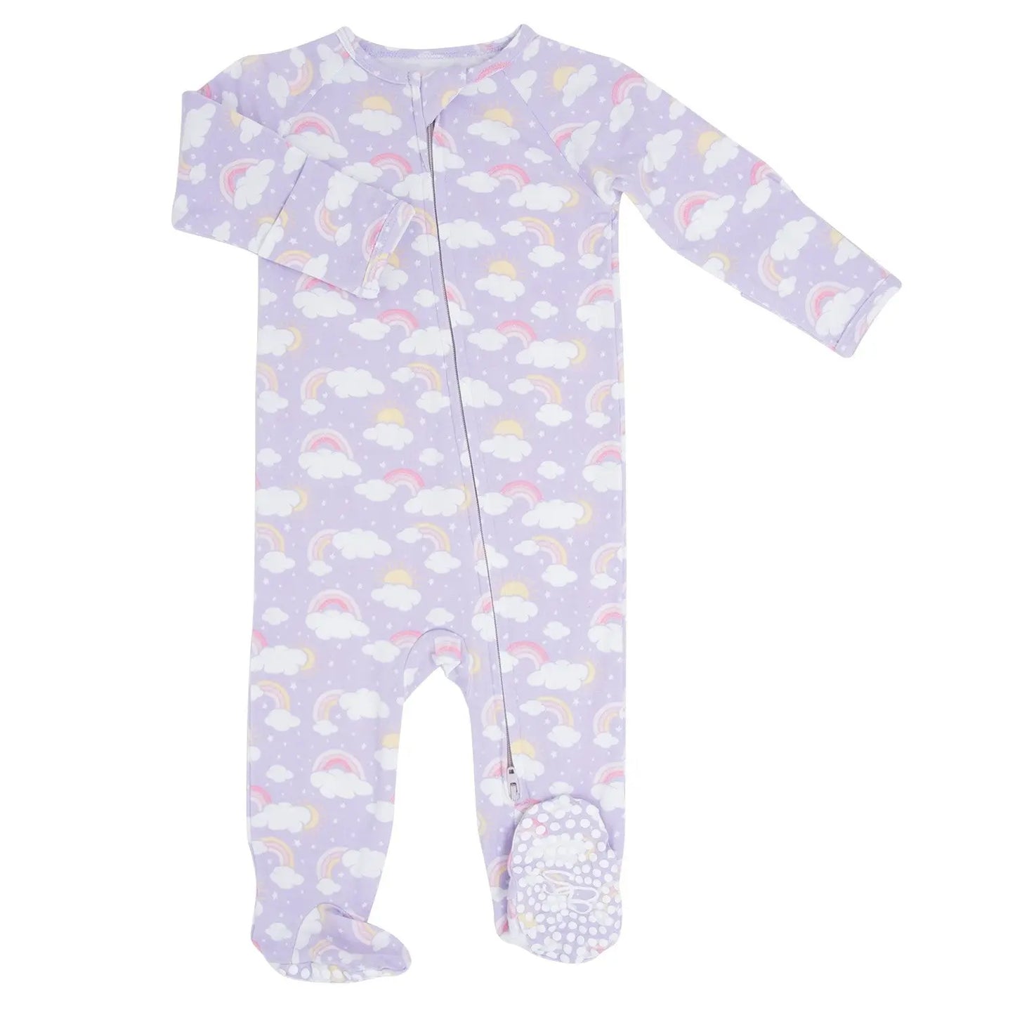 Lavender Rainbows and Clouds Zipper Footie for Babies with Silky Soft Fabric and Two Way Zip Sweet Bamboo