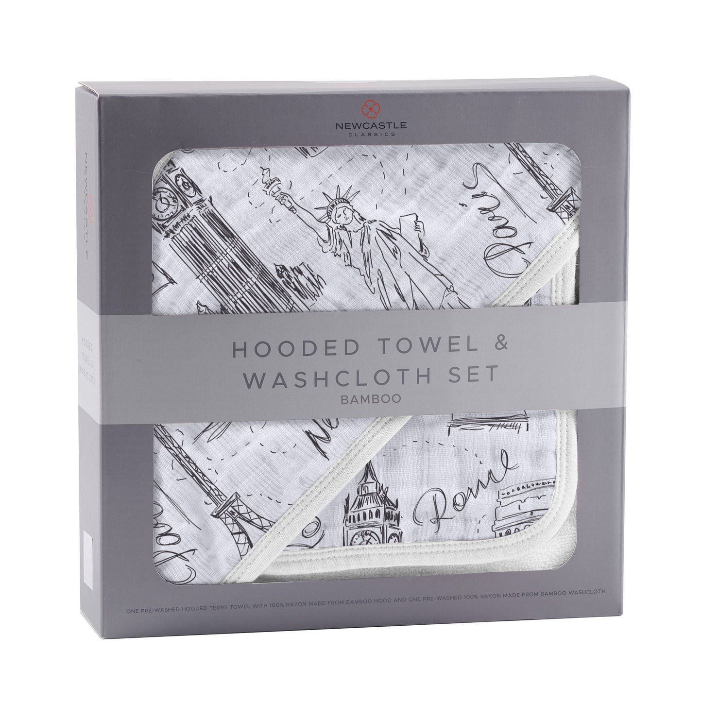 London Paris New York Hooded Towel and Washcloth Set for Babies in Soft Bamboo Newcastle Classics