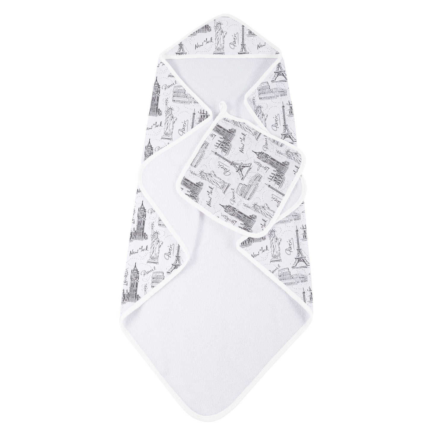 London Paris New York Hooded Towel and Washcloth Set for Babies in Soft Bamboo Newcastle Classics