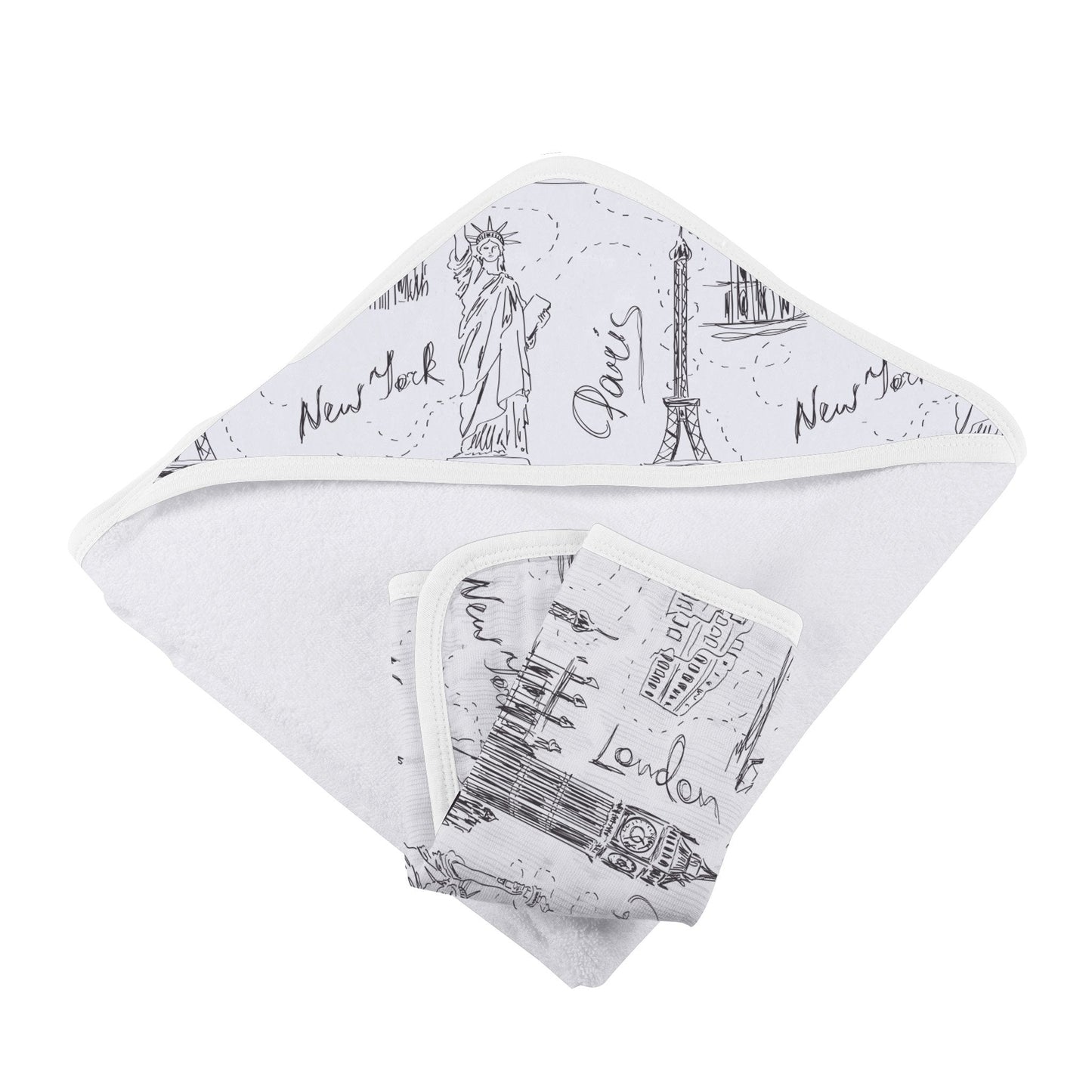 London Paris New York Hooded Towel and Washcloth Set for Babies in Soft Bamboo Newcastle Classics
