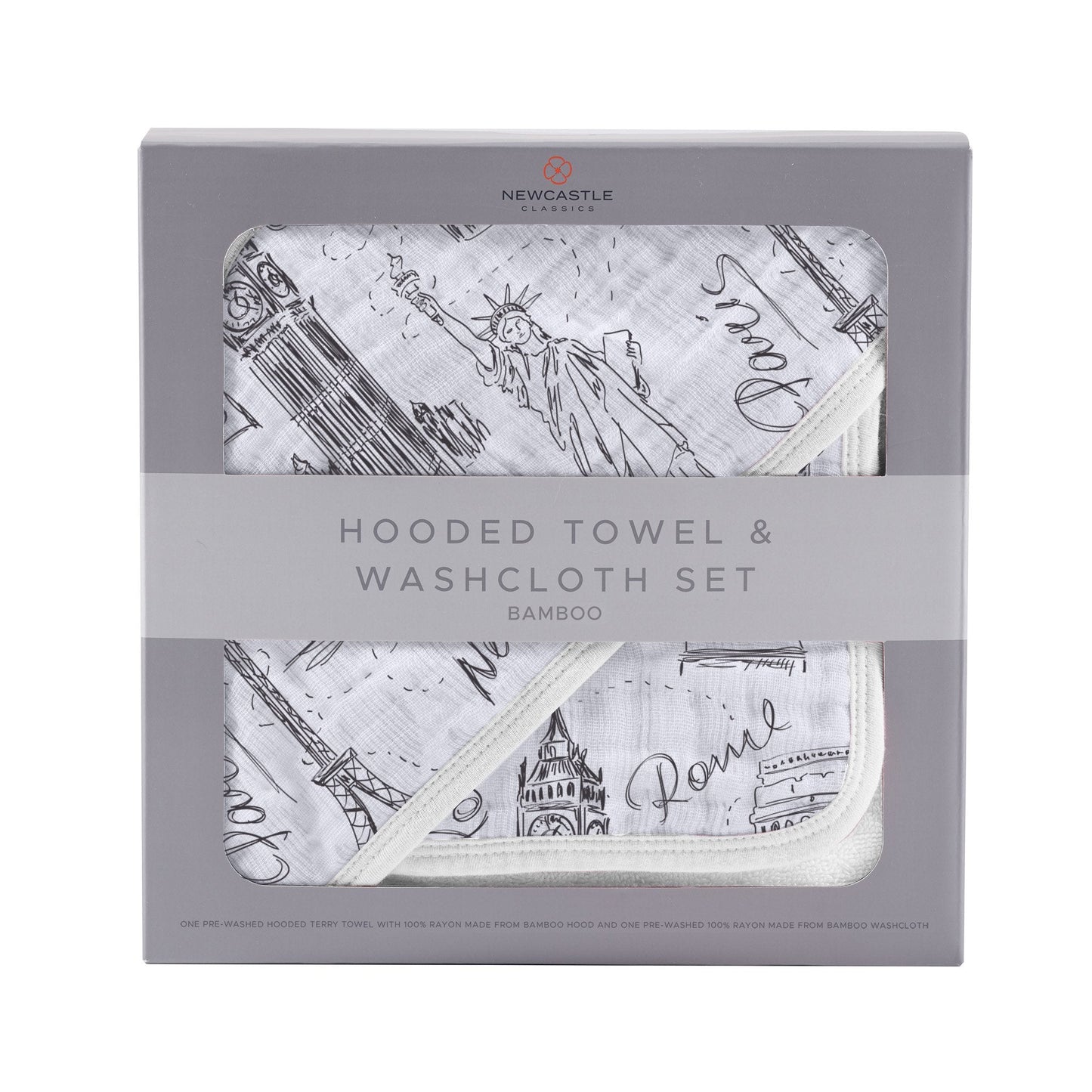 London Paris New York Hooded Towel and Washcloth Set for Babies in Soft Bamboo Newcastle Classics