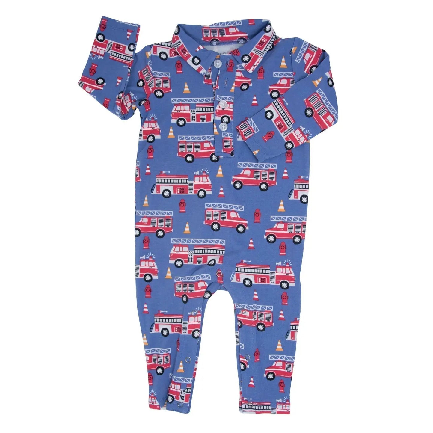 Blue Fire Truck Long Sleeve Polo Romper for Boys Sweet Bamboo