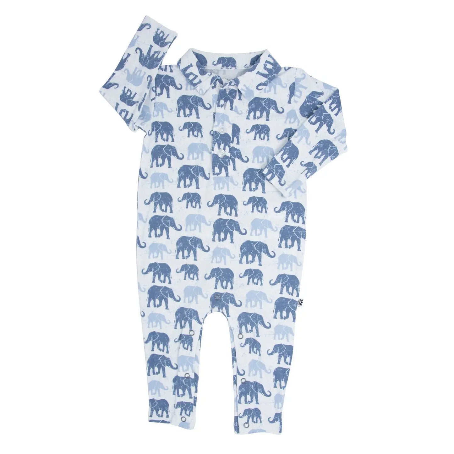 Blue Elephant Polo Romper for Boys Long Sleeves Front Button Closure Sweet Bamboo