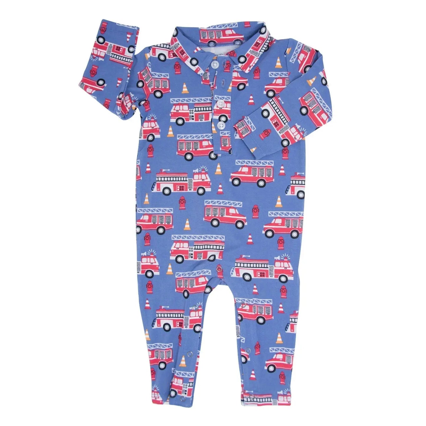 Blue Fire Truck Long Sleeve Polo Romper for Boys Sweet Bamboo