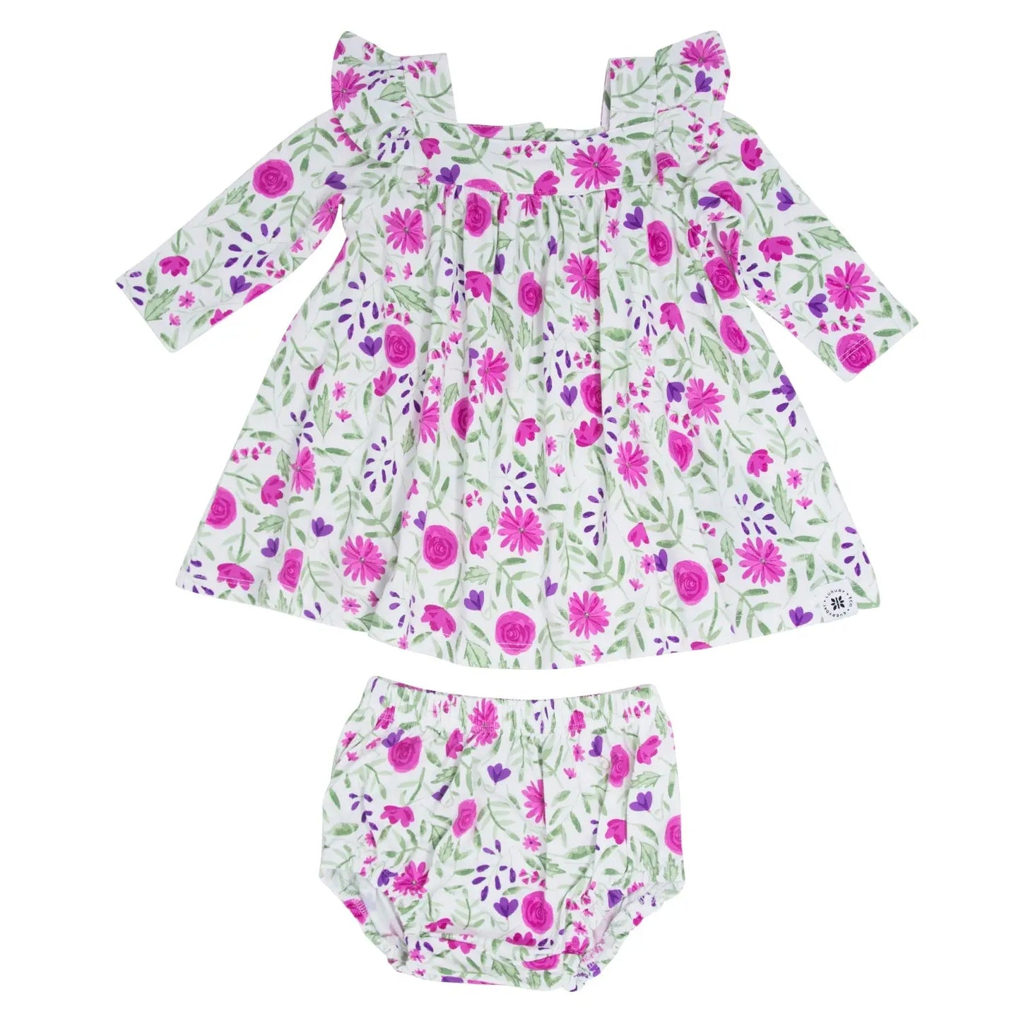 Sweet Purple Flowers Ruffle Dress With Bloomer Set For Comfy Daywear Sweet Bamboo