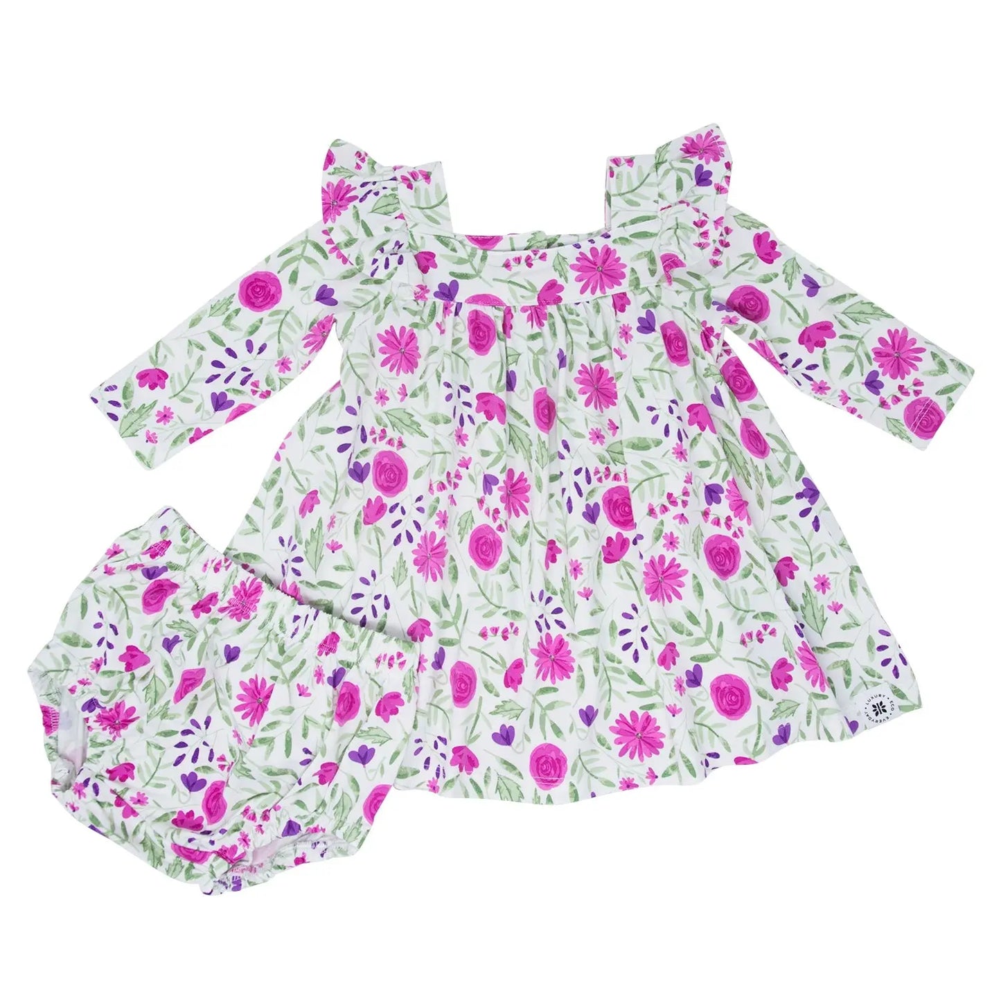 Sweet Purple Flowers Ruffle Dress With Bloomer Set For Comfy Daywear Sweet Bamboo