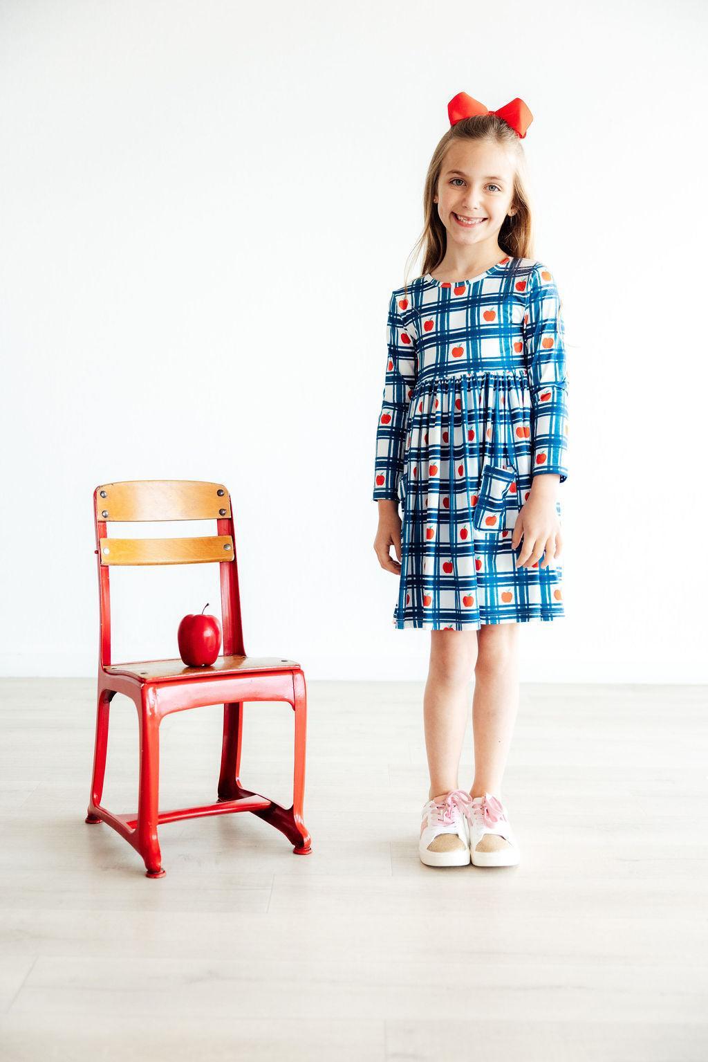 Mila & Rose ® Plaid Apples Long Sleeve Pocket Twirl Dress For Girls - Apparel & Accessories > Clothing > Dresses Twirl Dress - Pocket - L/S