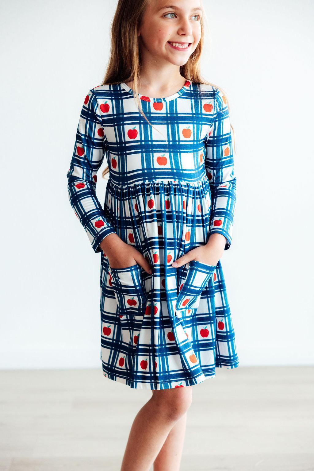 Mila & Rose ® Plaid Apples Long Sleeve Pocket Twirl Dress For Girls - Apparel & Accessories > Clothing > Dresses Twirl Dress - Pocket - L/S