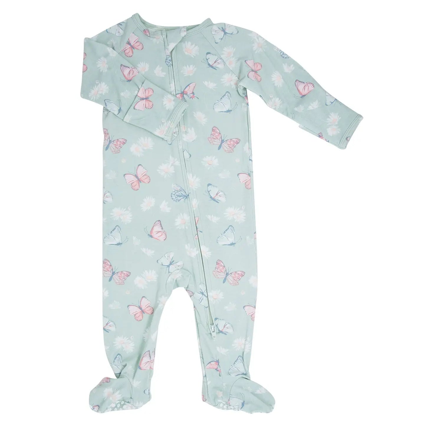 Mint Butterfly Daisy Bamboo Zipper Footie For Babies Sweet Bamboo