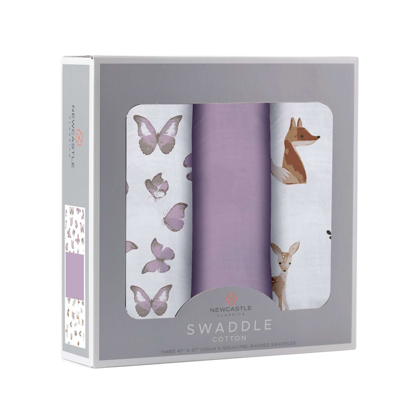 Mountain Meadow Swaddle 3 Pack Sierra Fox and Butterfly Muslin Blankets Newcastle Classics