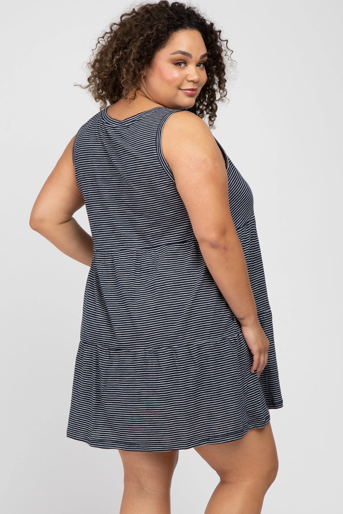 Navy Blue Striped Sleeveless Tiered Plus Size Maternity Dress PinkBlush
