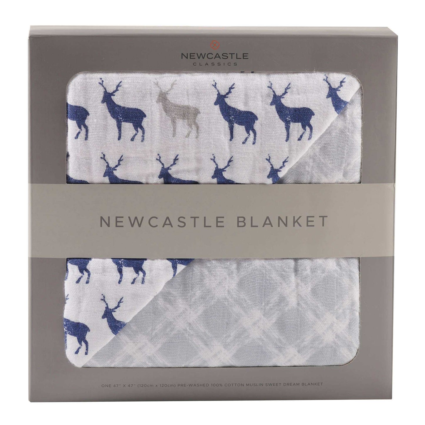 Newcastle Classics Blue Deer and Glacier Grey Plaid Blanket 100 Percent Natural Cotton Muslin 47 Inch x 47 Inch Newcastle Classics