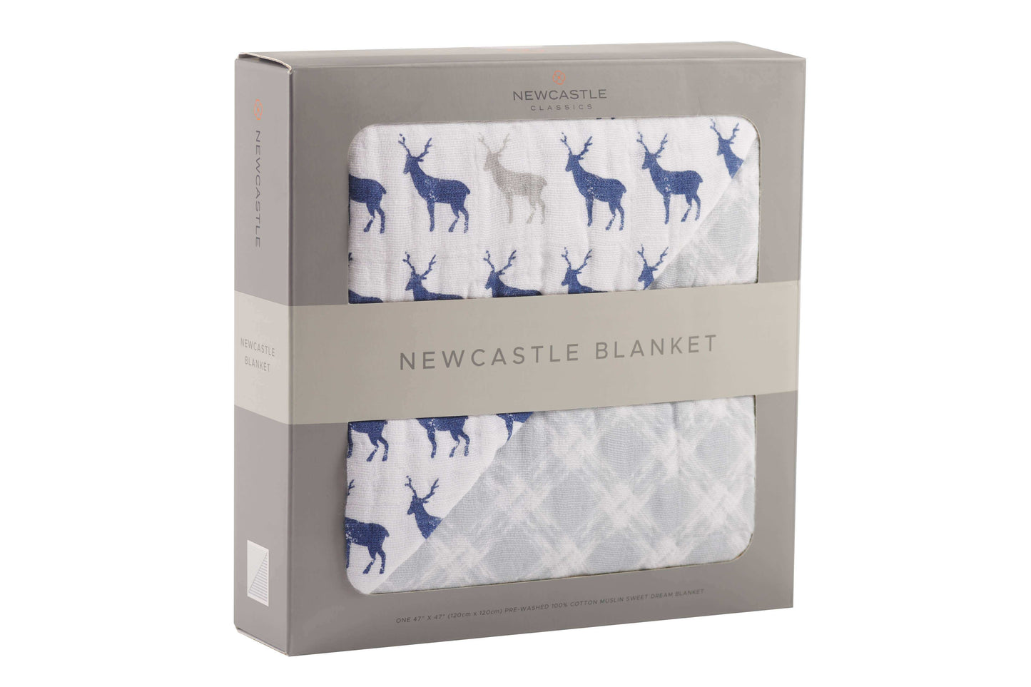 Newcastle Classics Blue Deer and Glacier Grey Plaid Blanket 100 Percent Natural Cotton Muslin 47 Inch x 47 Inch Newcastle Classics