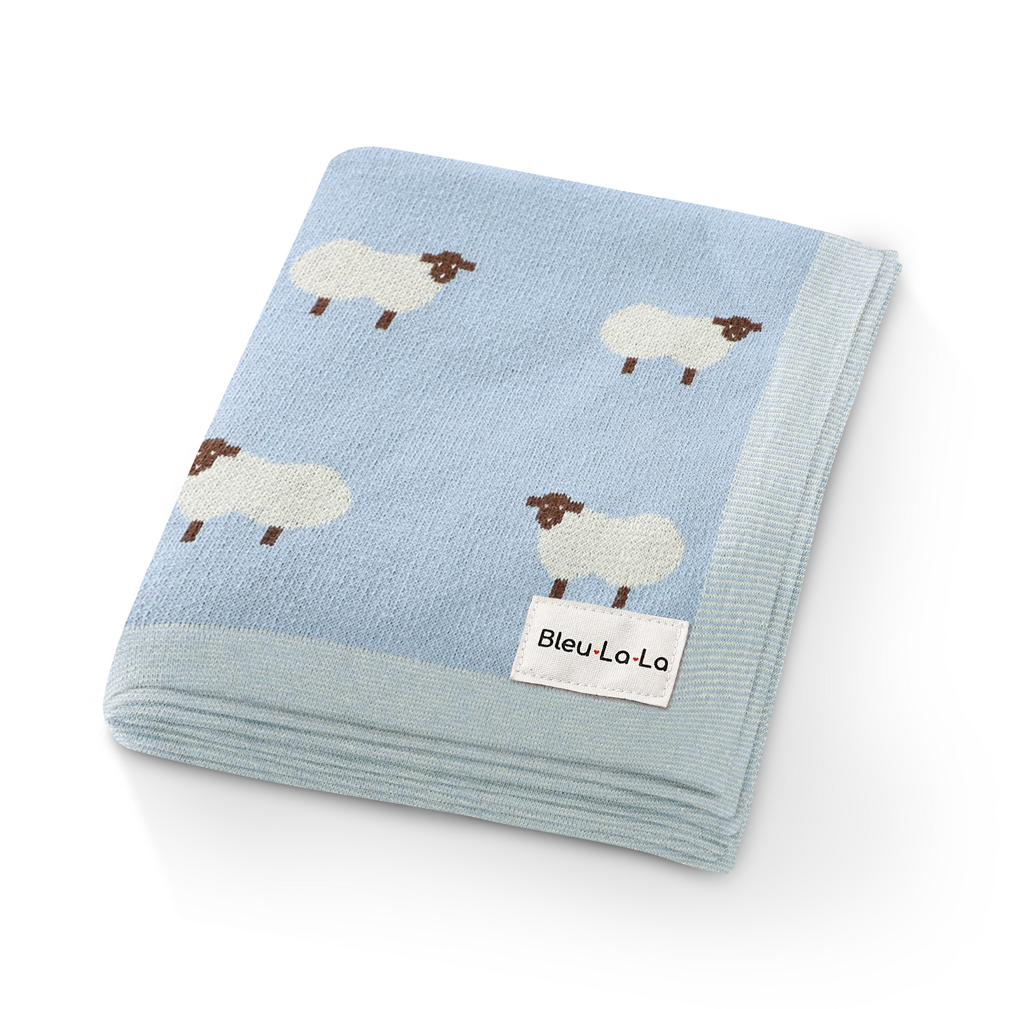 Sheep Knit Receiving Baby Blanket Made From 100 Percent OEKO Tex Certified Cotton Bleu La La