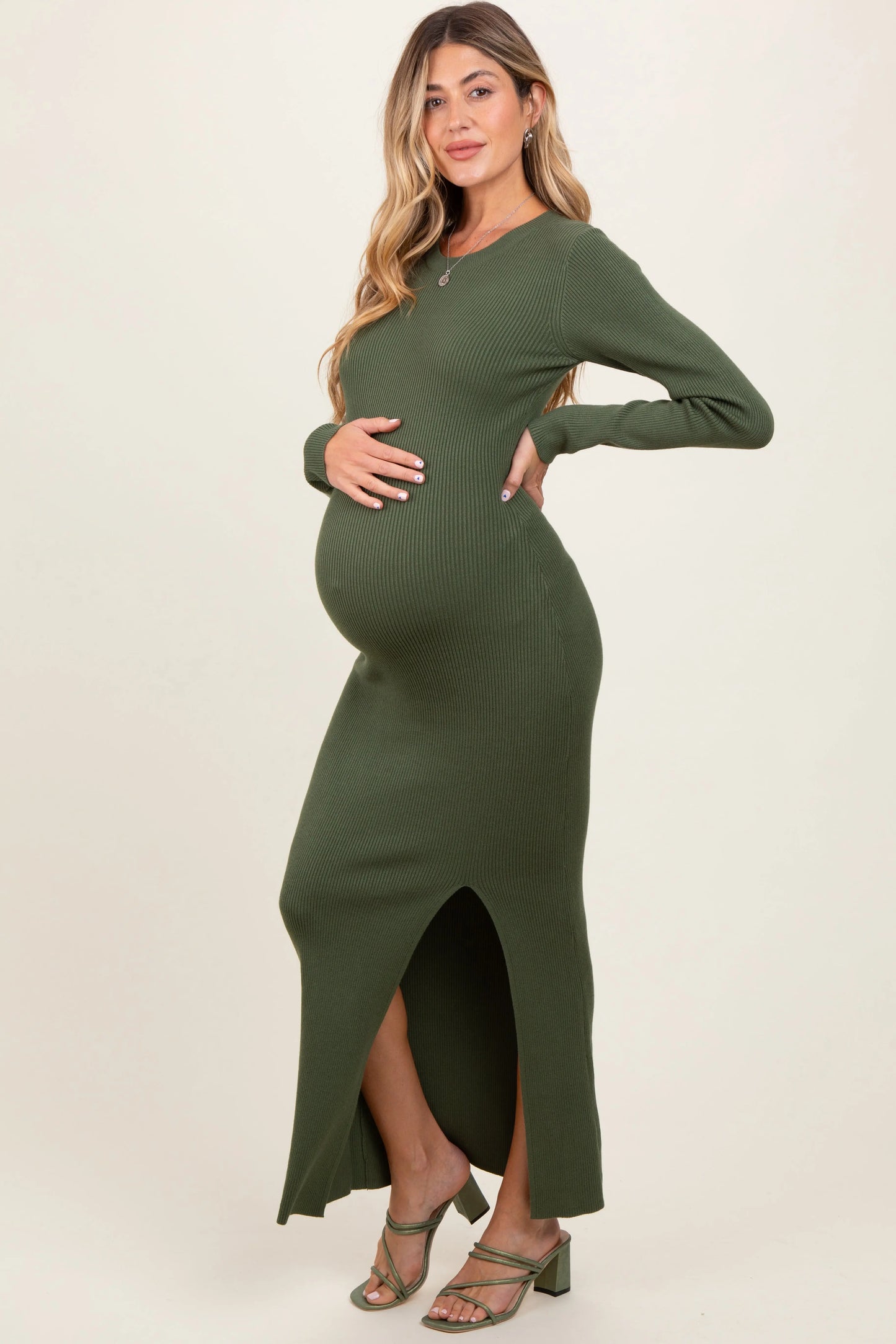 Olive Ribbed Knit Long Sleeve Side Slit Maternity Maxi Dress PinkBlush
