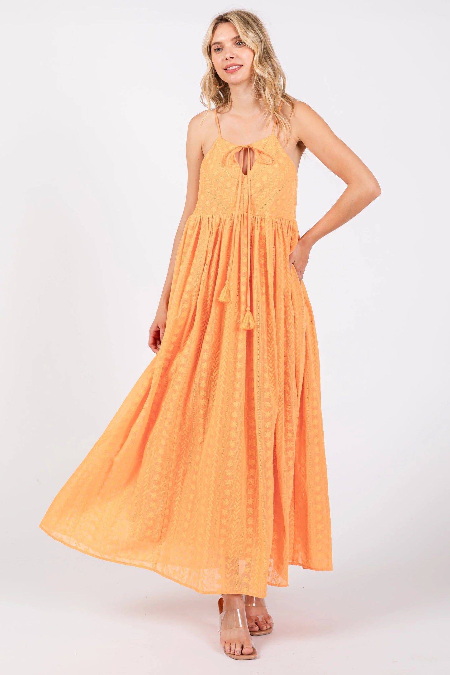 Orange Embroidered Tassel Tie Maternity Maxi Dress PinkBlush