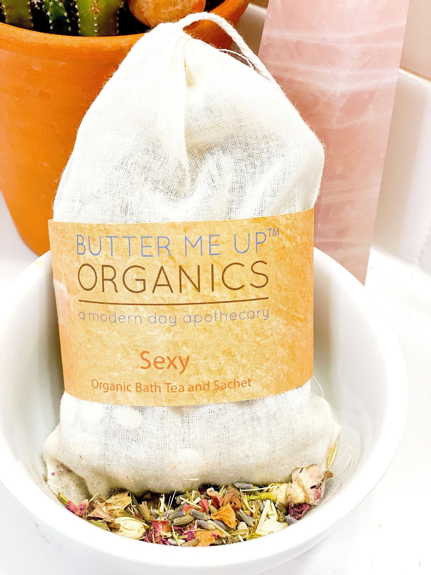 Organic Bath Tea Sachet with Pink Rose Petals Jasmine Lavender Oat Straw and Burdock Root Butter Me Up Organics