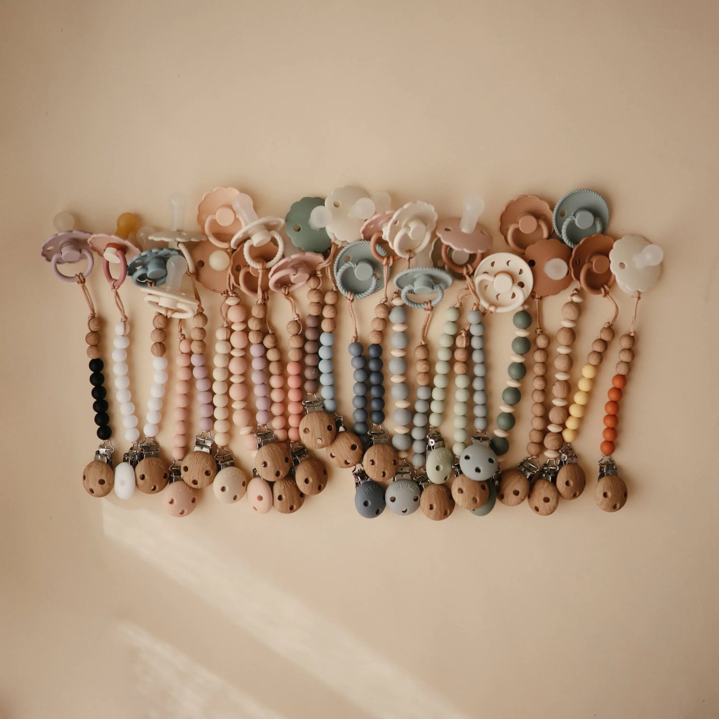 Silicone Pacifier Clip Mila Durable Food Grade Silicone and Natural Wood Mushie