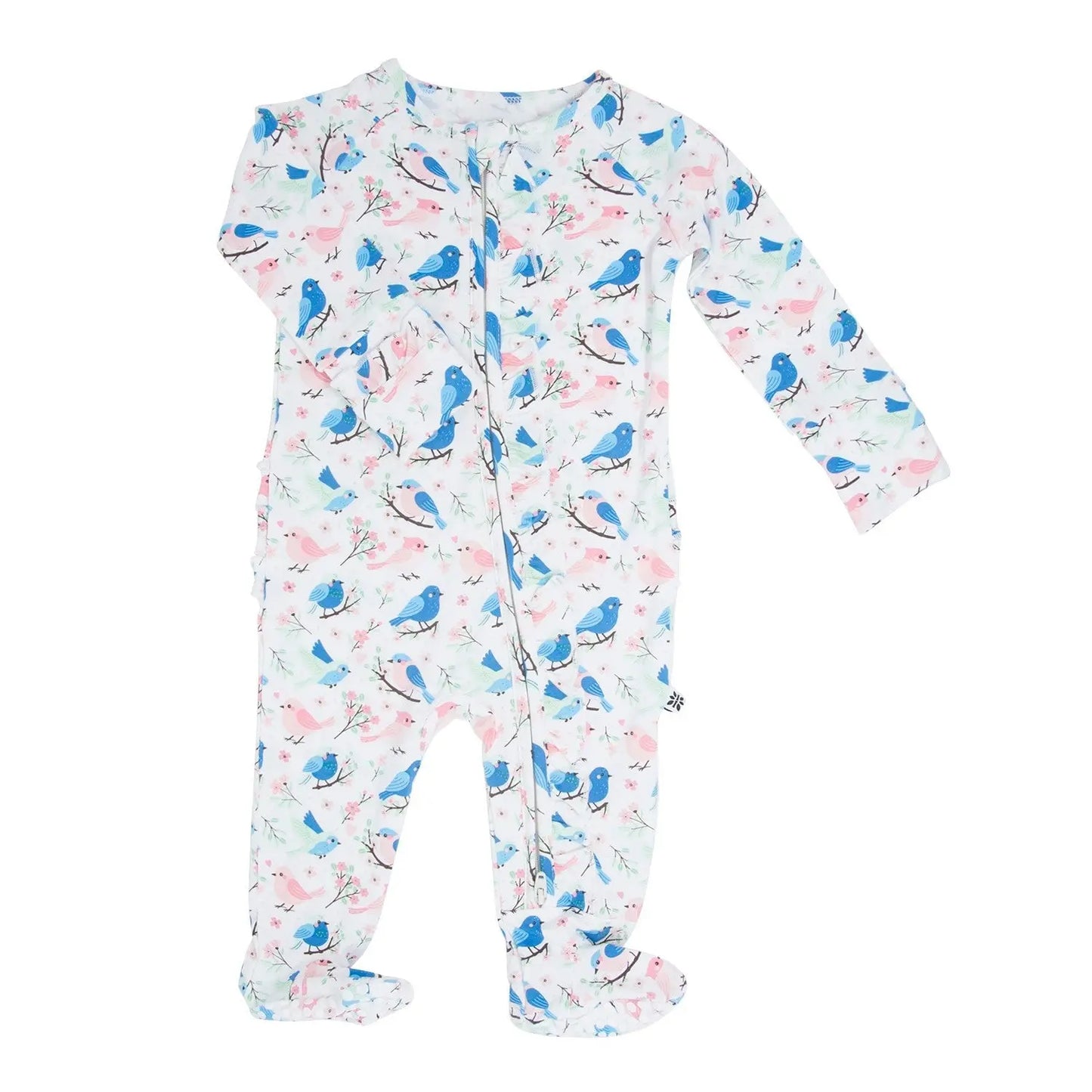 Pink and Blue Songbirds Ruffle Baby Footie with Two Way Zipper and Non Slip Grips Sweet Bamboo