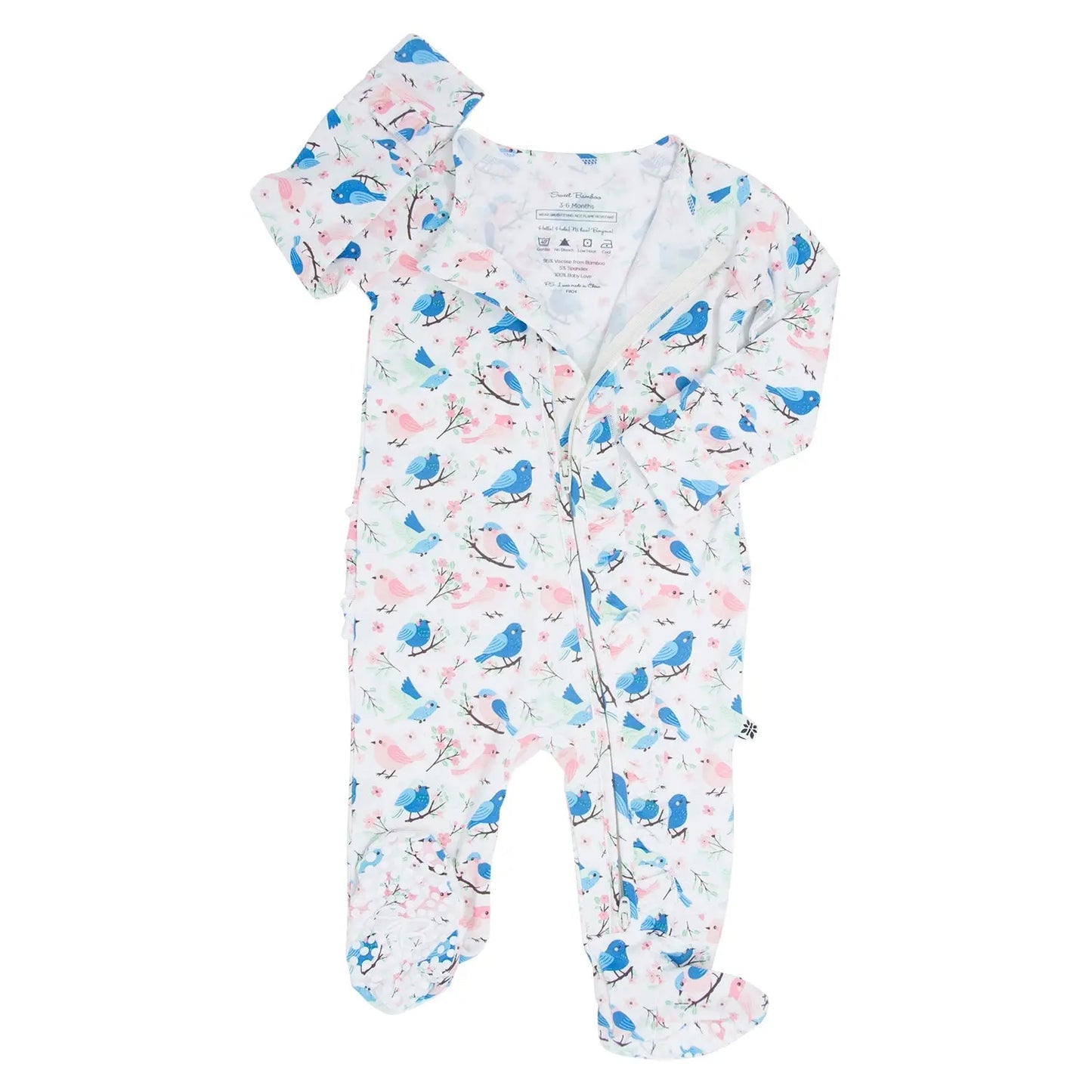 Pink and Blue Songbirds Ruffle Baby Footie with Two Way Zipper and Non Slip Grips Sweet Bamboo