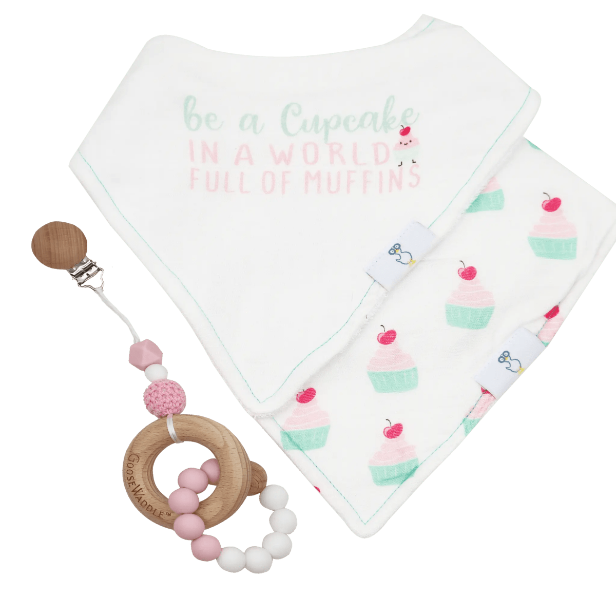 Pink Attachable Wooden and Silicone Teether and Cupcake Bib Gift Set.