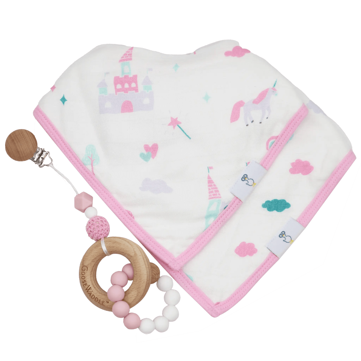 Pink Attachable Wooden and Silicone Teether and Unicorn Bib Gift Set.