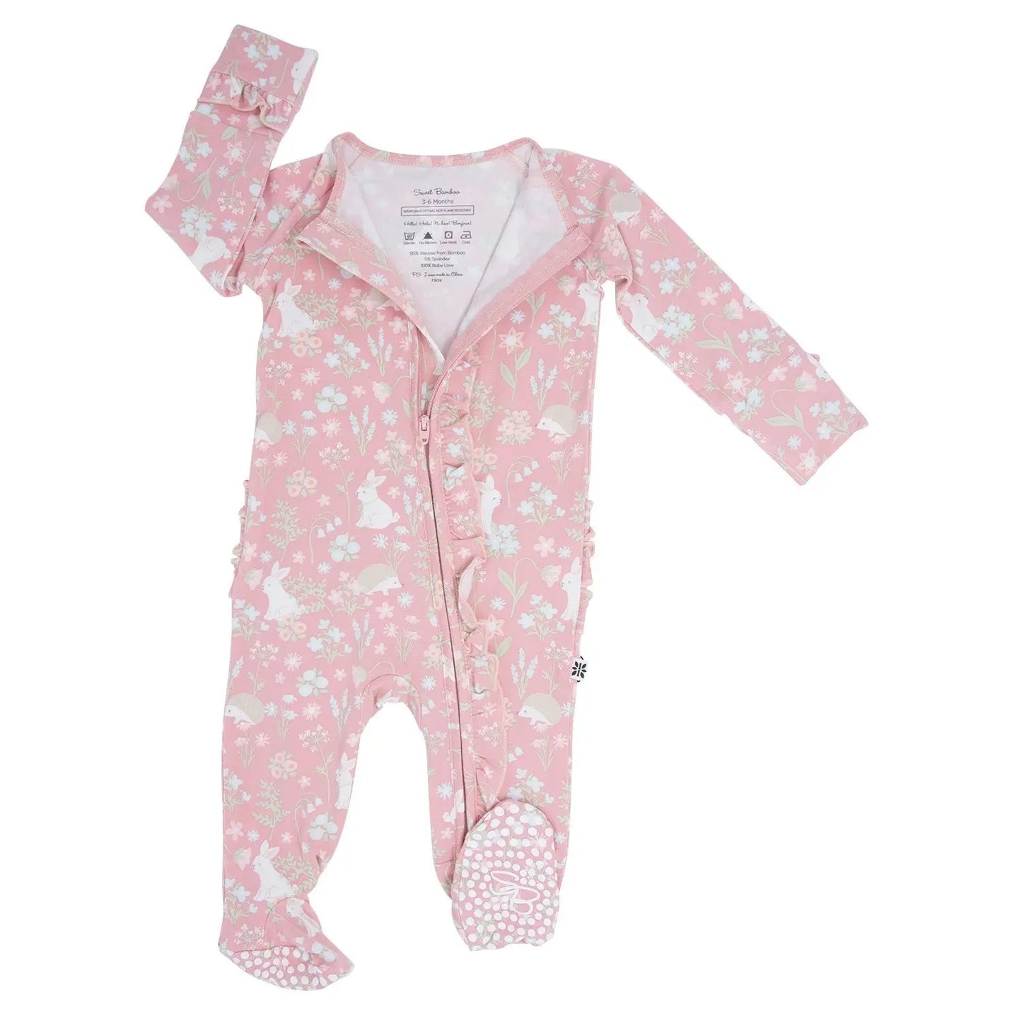 Pink Bunny Floral Baby Ruffle Footie with Hypoallergenic Fabric and No Slip Grips Sweet Bamboo