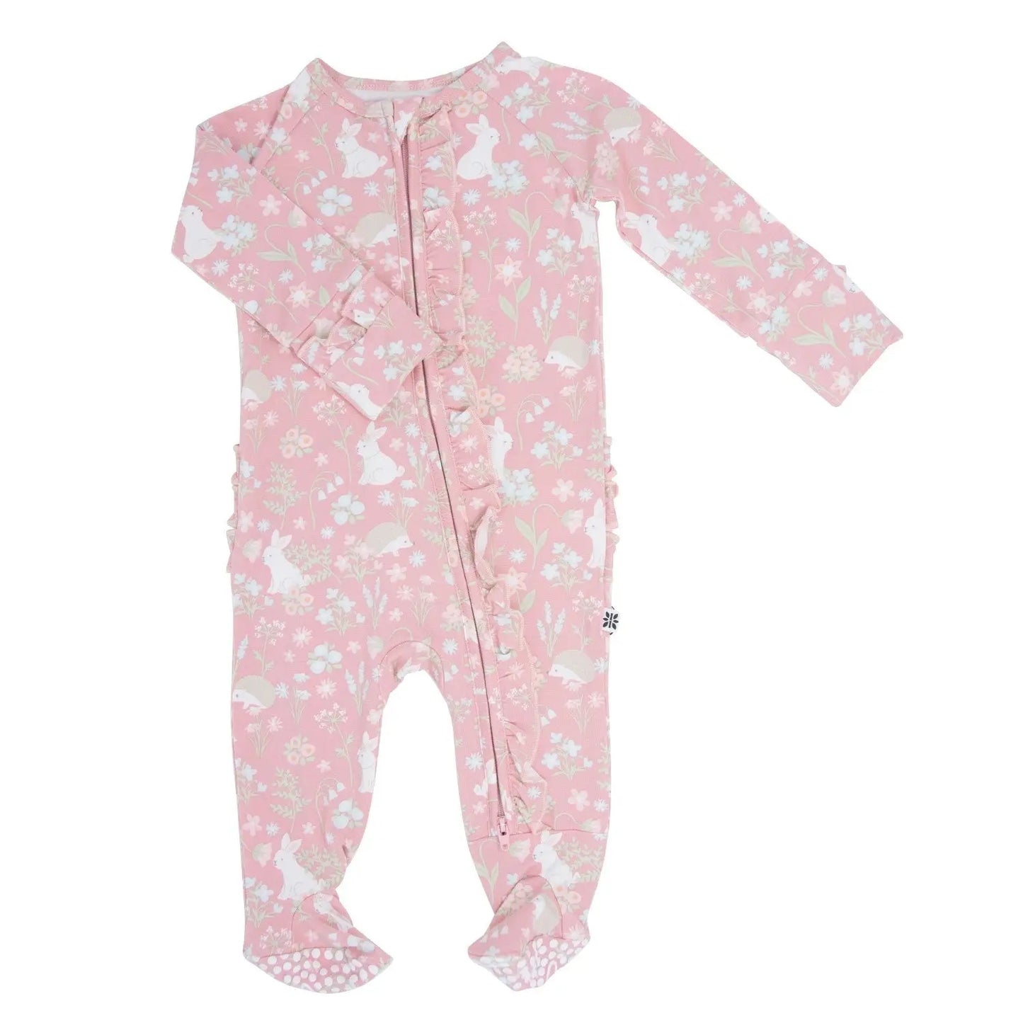Pink Bunny Floral Baby Ruffle Footie with Hypoallergenic Fabric and No Slip Grips Sweet Bamboo
