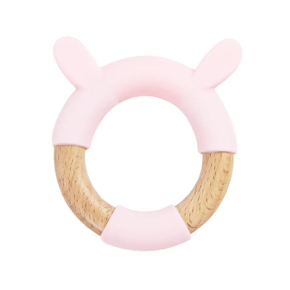 Pink Bunny Teether Wooden and Silicone Safe Baby Toy.