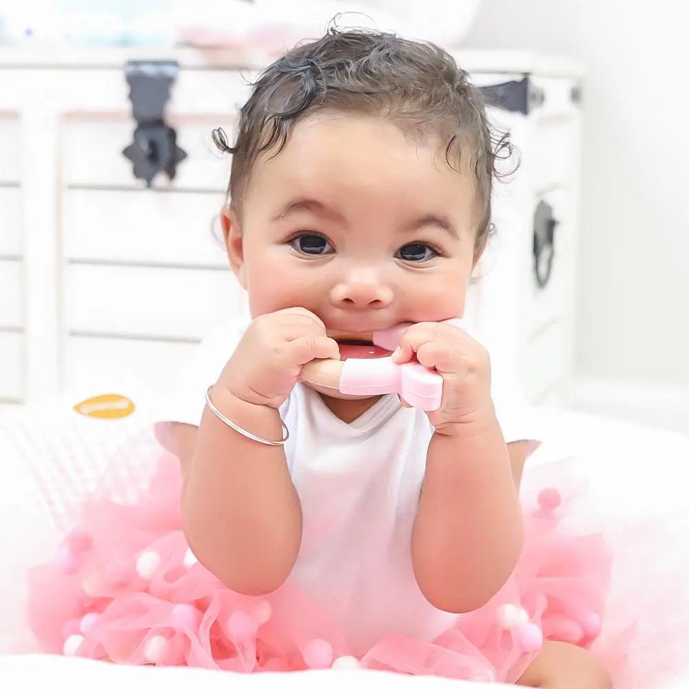Pink Bunny Teether Wooden and Silicone Safe Baby Toy.