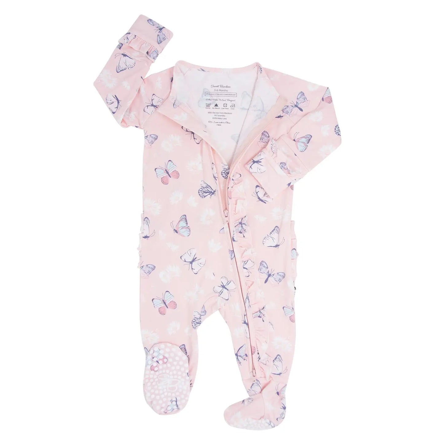 Pink Butterfly Daisy Bamboo Ruffle Footie for Babies Sweet Bamboo