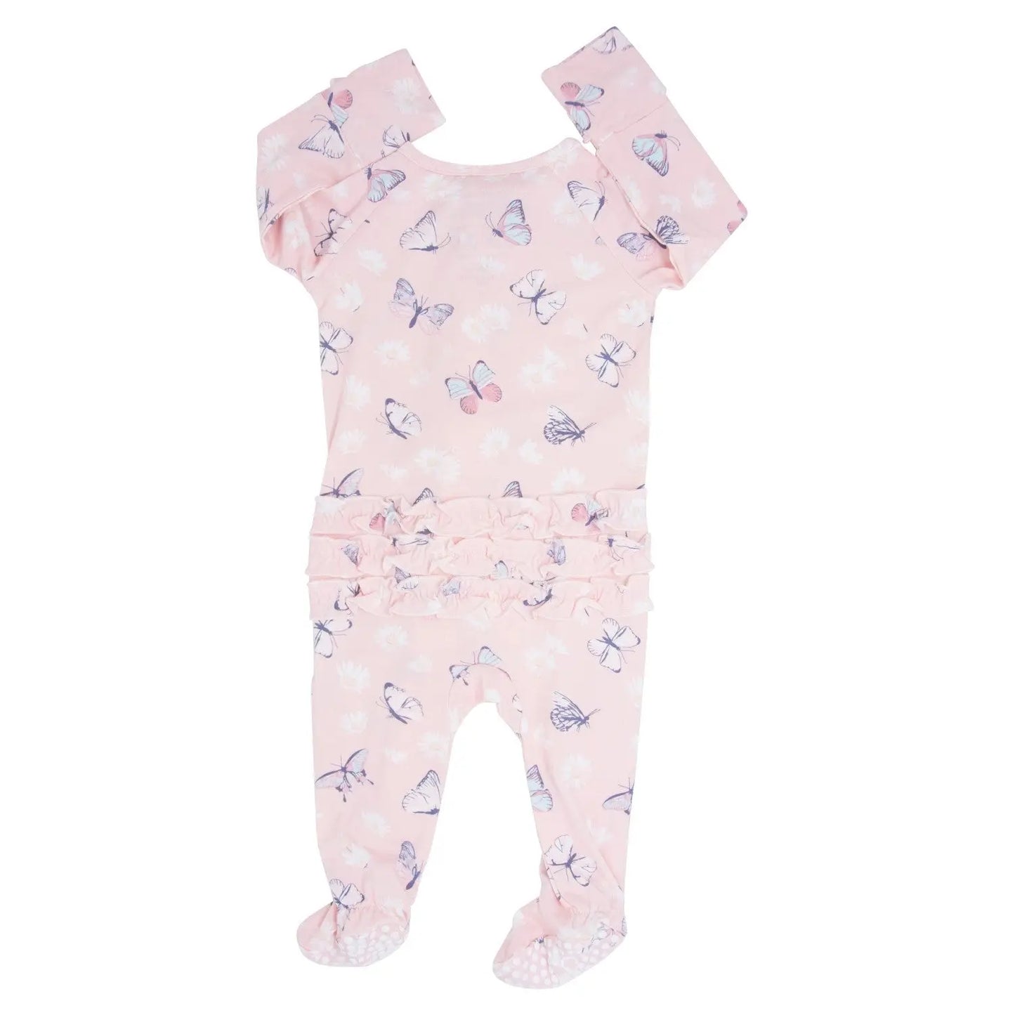 Pink Butterfly Daisy Bamboo Ruffle Footie for Babies Sweet Bamboo