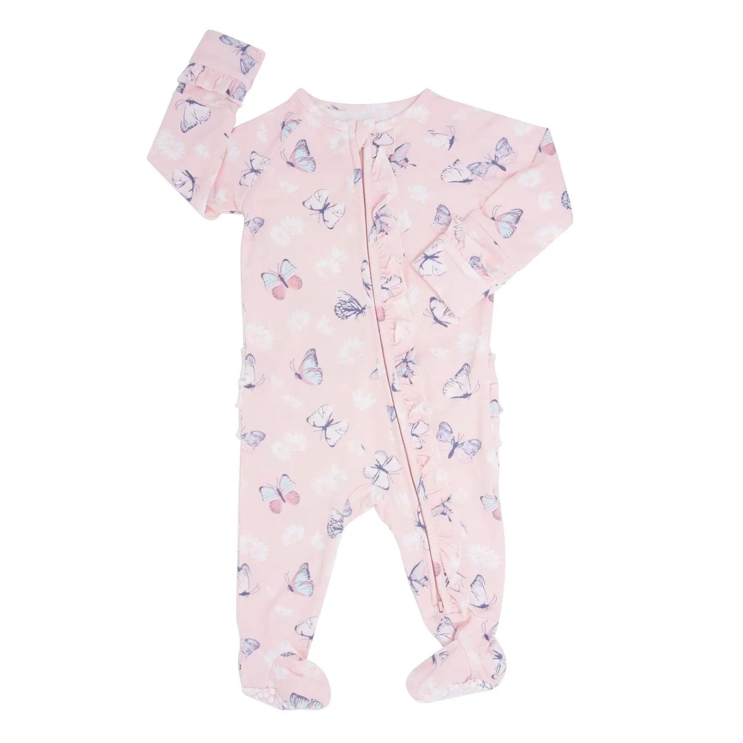 Pink Butterfly Daisy Bamboo Ruffle Footie for Babies Sweet Bamboo