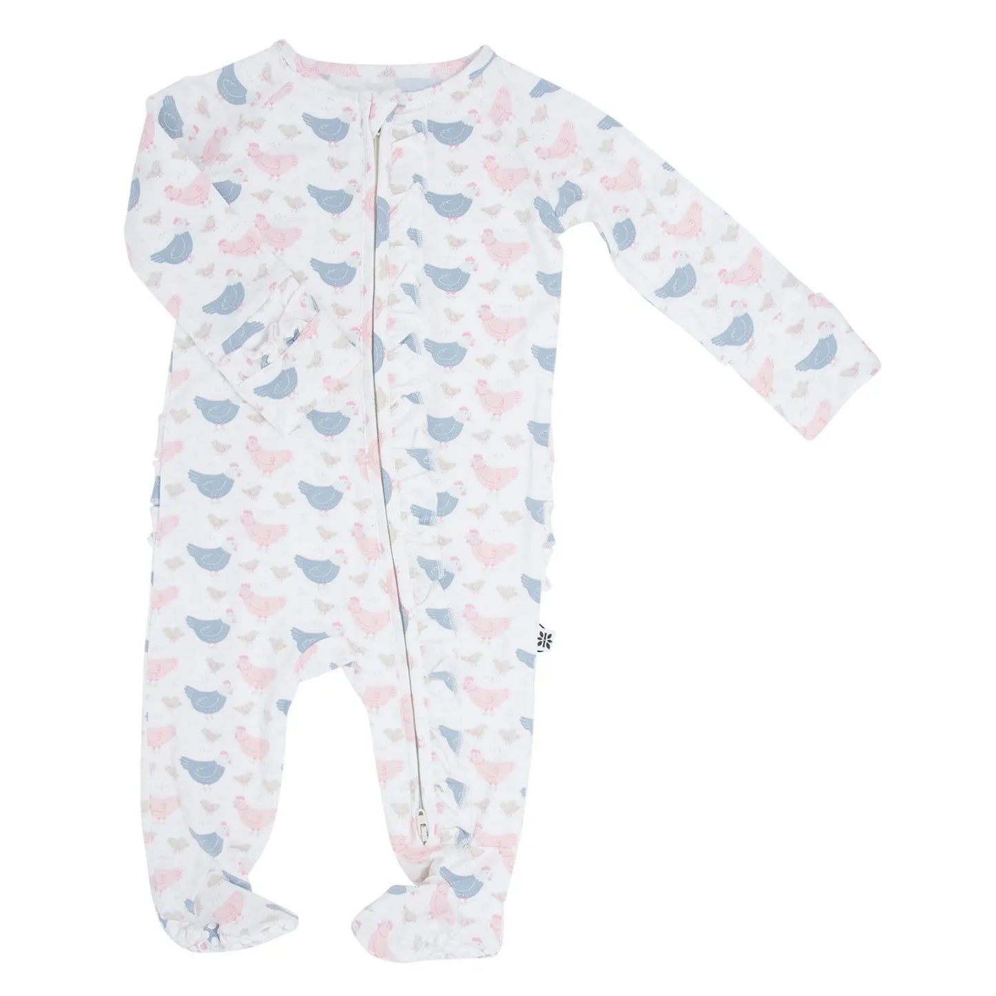 Pink Farm Hens Bamboo Ruffle Footie for Babies with Two Way Zipper and No Slip Grips Sweet Bamboo
