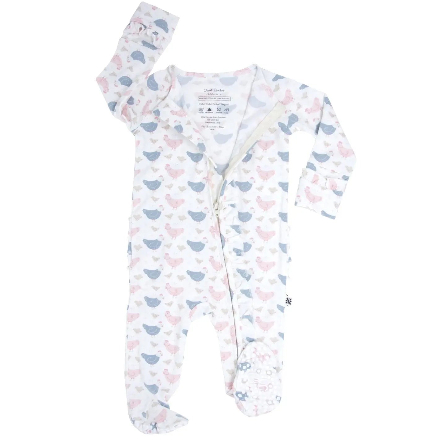Pink Farm Hens Bamboo Ruffle Footie for Babies with Two Way Zipper and No Slip Grips Sweet Bamboo