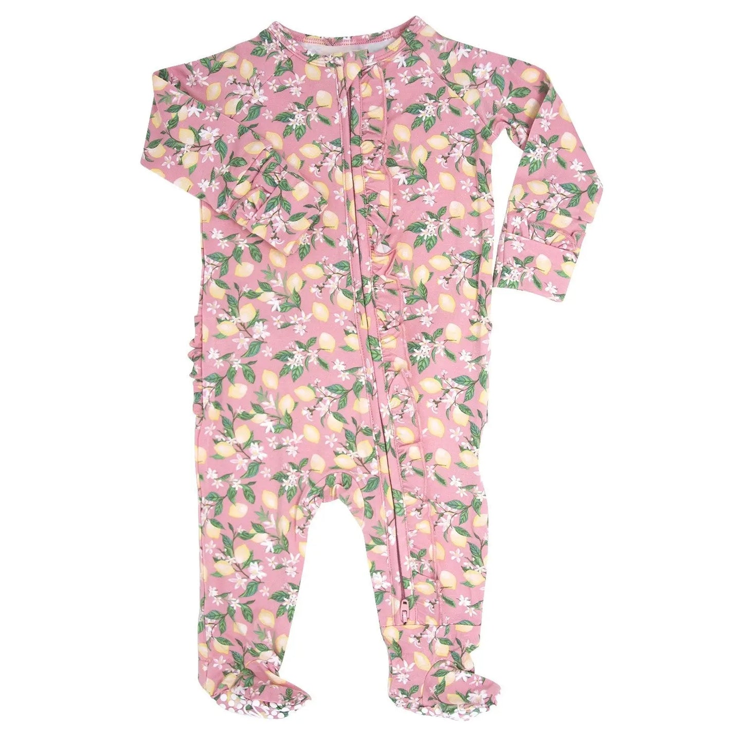 Pink Lemon Floral Print Ruffle Footie for Baby Girls Sweet Bamboo