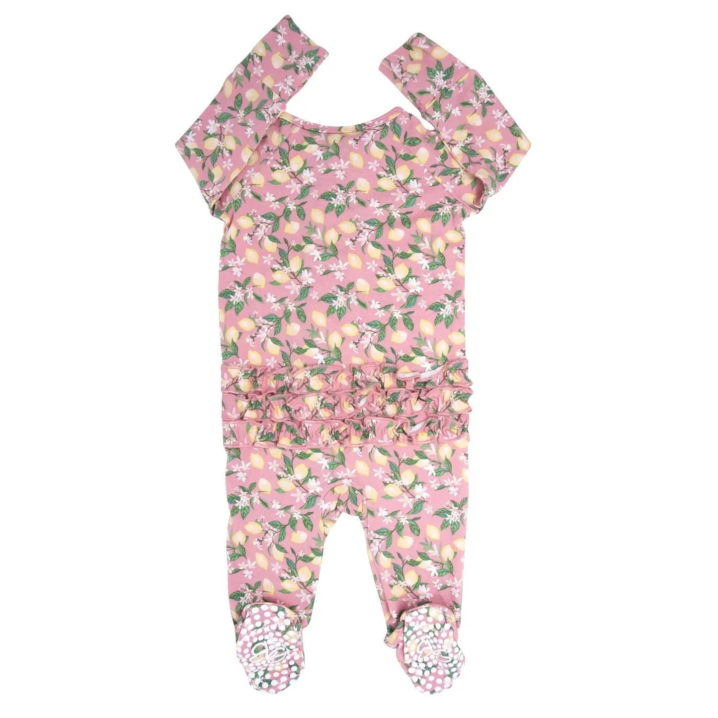 Pink Lemon Floral Print Ruffle Footie for Baby Girls Sweet Bamboo
