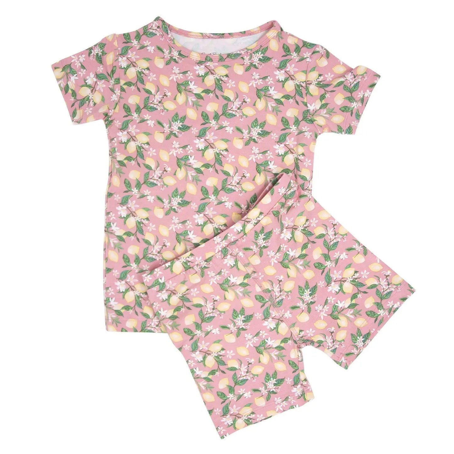 Pink Lemon Floral Print Summer Pajama Set for Kids Sweet Bamboo