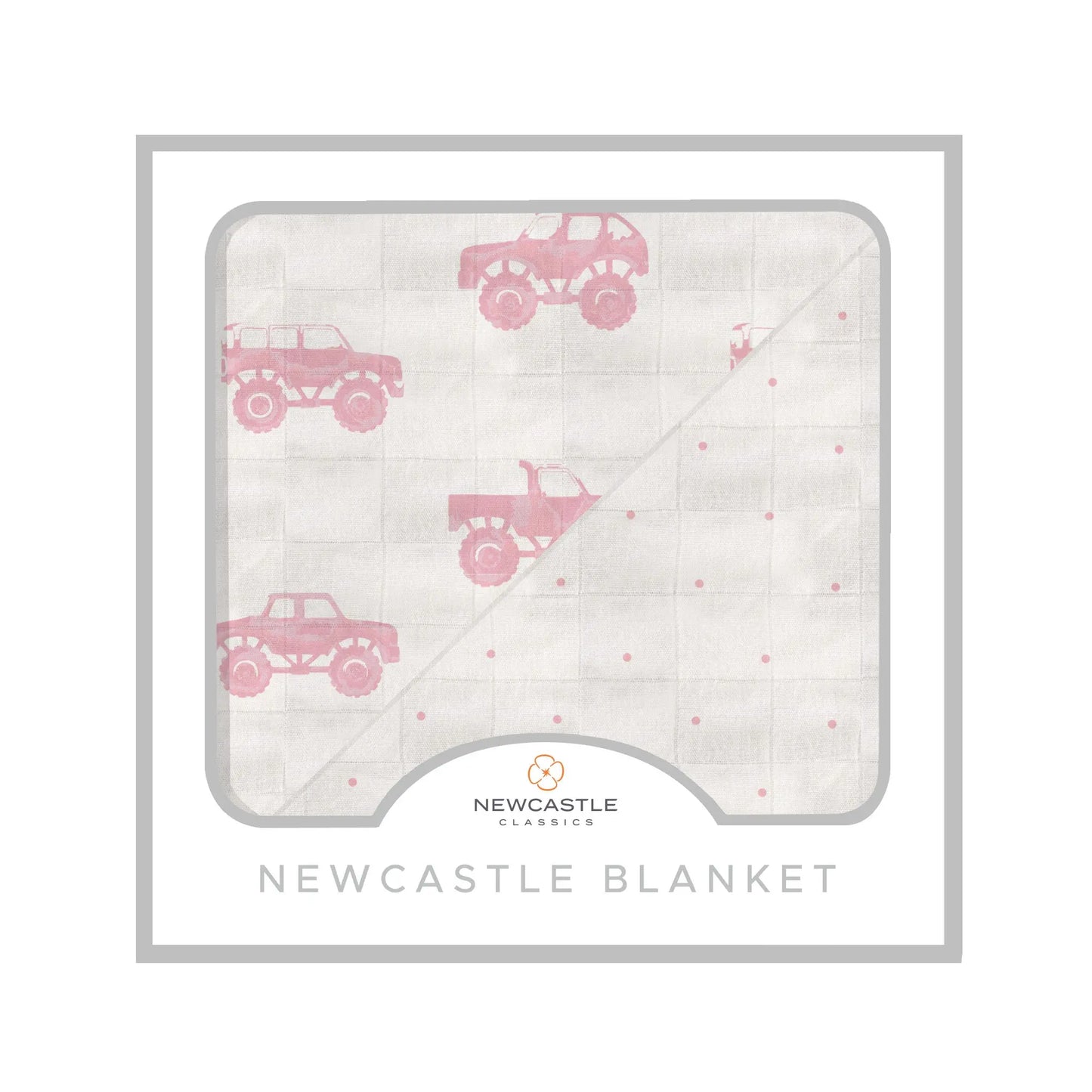 Pink Monster Trucks and Pink Polka Dot Bamboo Blanket 100 Percent Natural Muslin 47 Inch x 47 Inch Newcastle Classics