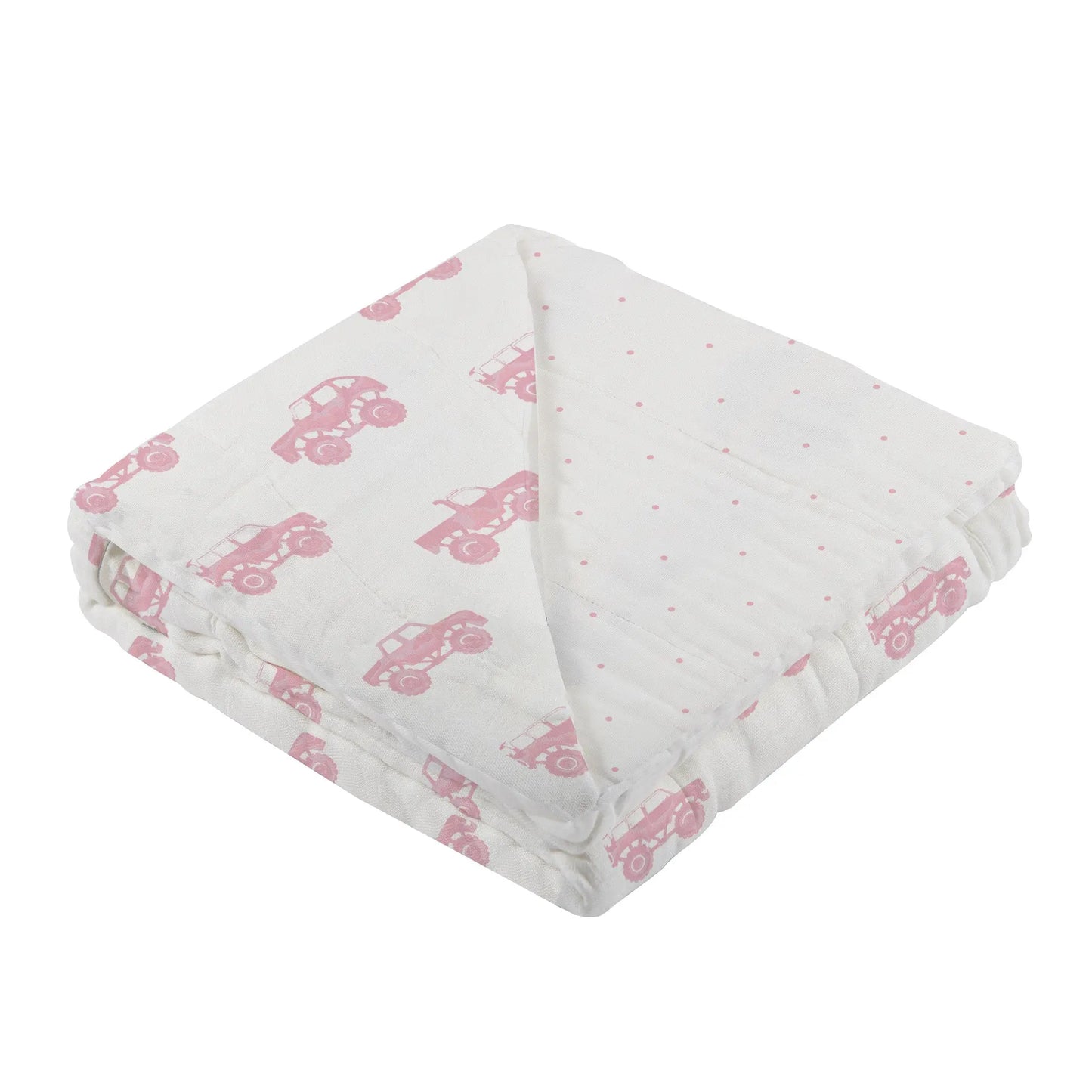 Pink Monster Trucks and Pink Polka Dot Bamboo Blanket 100 Percent Natural Muslin 47 Inch x 47 Inch Newcastle Classics